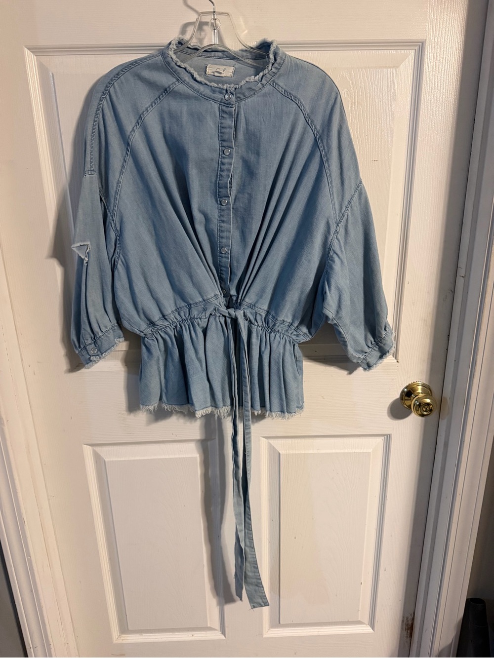 easel Light Wash Button-Front Drawstring Denim Blouse